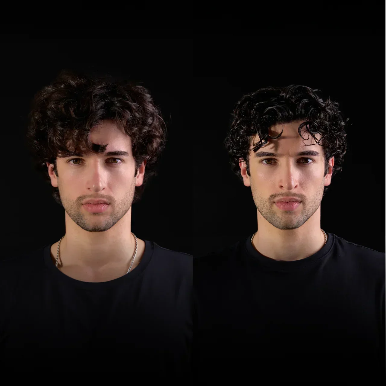 BASED Curl Gel, before-and-after split photo of curly hair styled from messy to defined