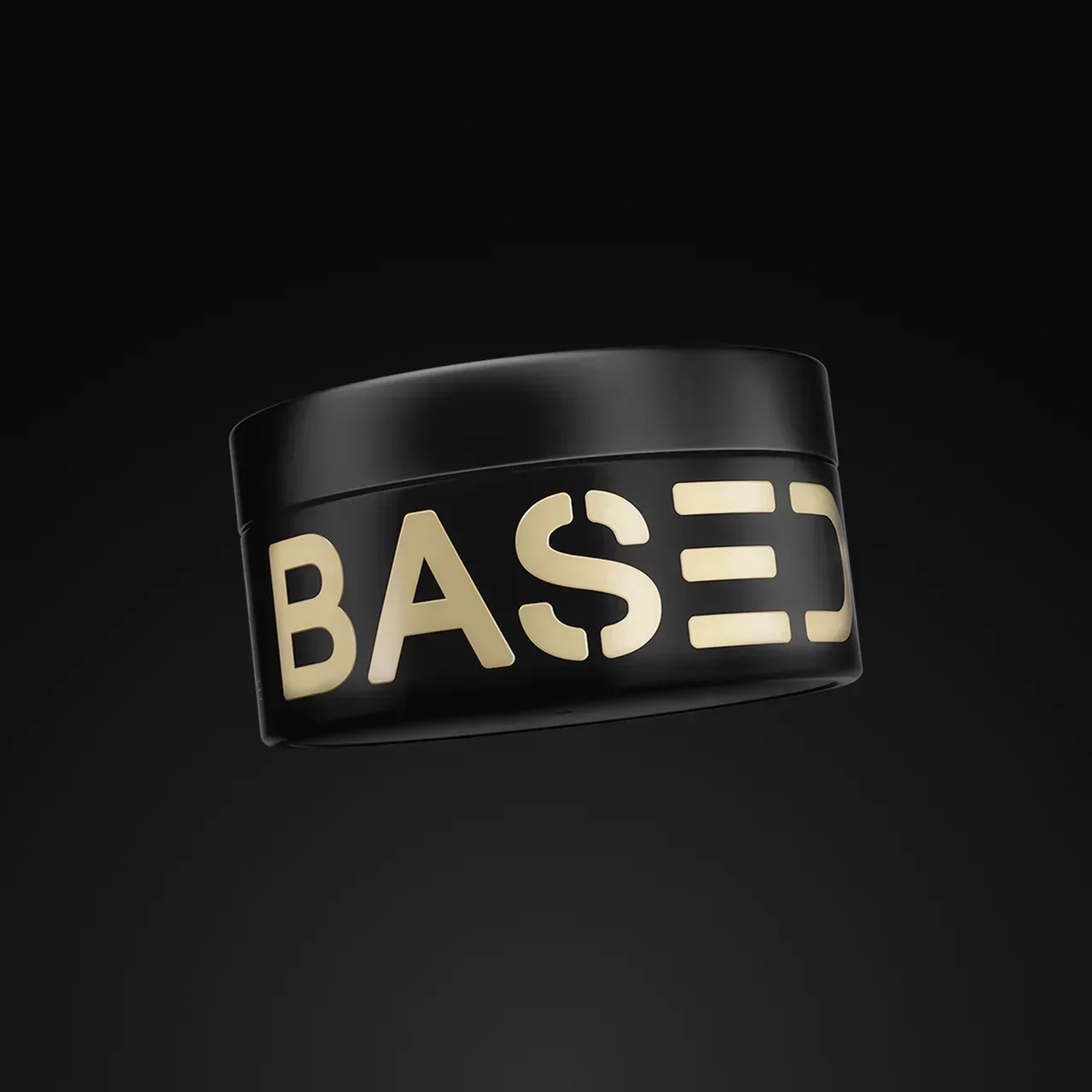 BASED Pomade jar with gold lettering, angled on a black background