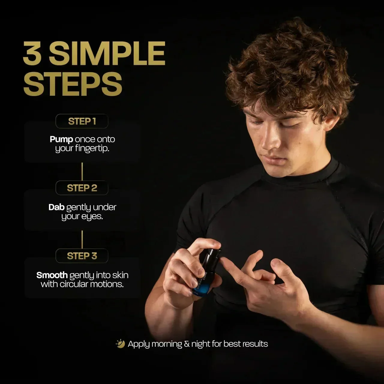 BASED Under Eye Elixir application guide: man dabbing the serum under his eye in three steps