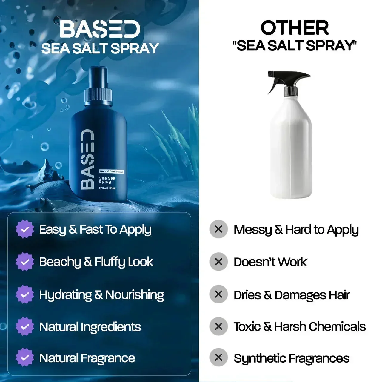 BASED Sea Salt Spray comparison chart: blue BASED bottle beside a generic white spray bottle, with checklists