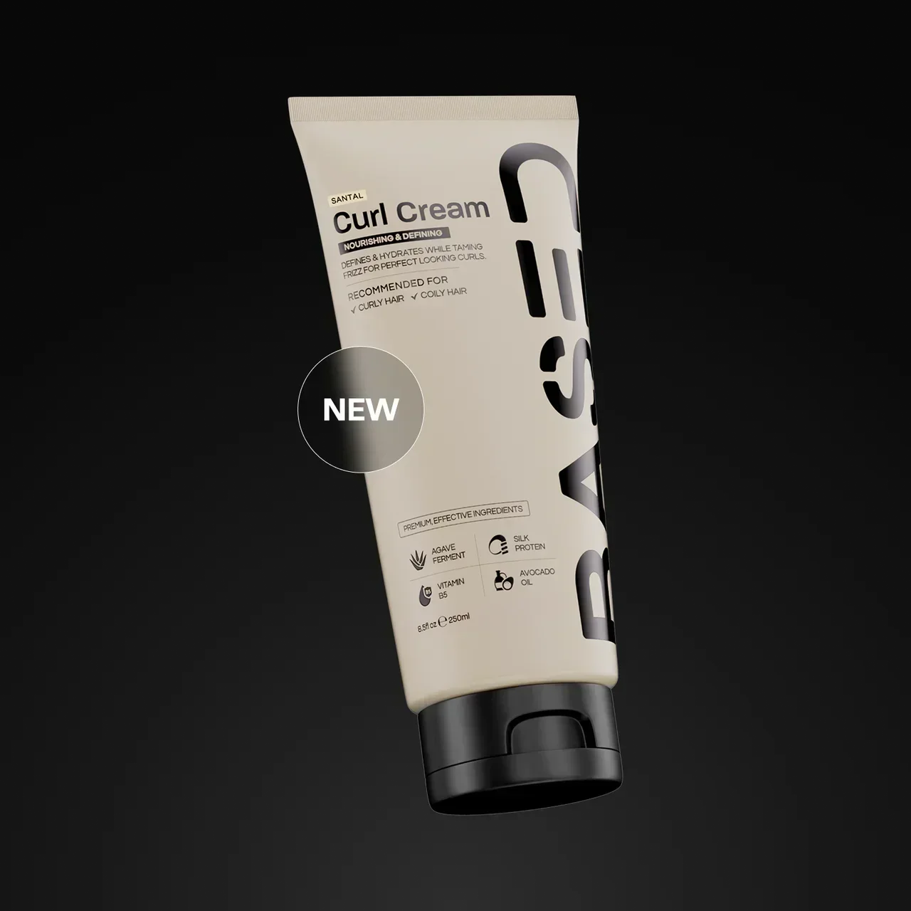 BASED Curl Cream tube tilted upright, New badge, ingredient icons and curly/coily hair label details.