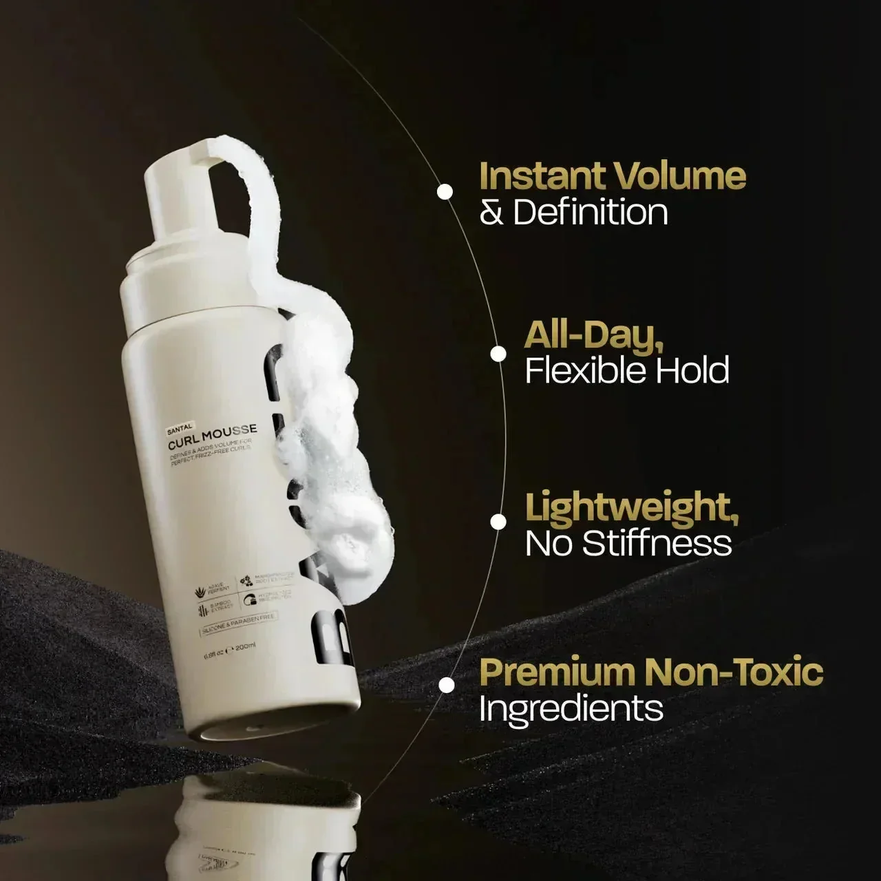BASED Curl Mousse bottle with foam swirl beside a benefits list on a dark background.