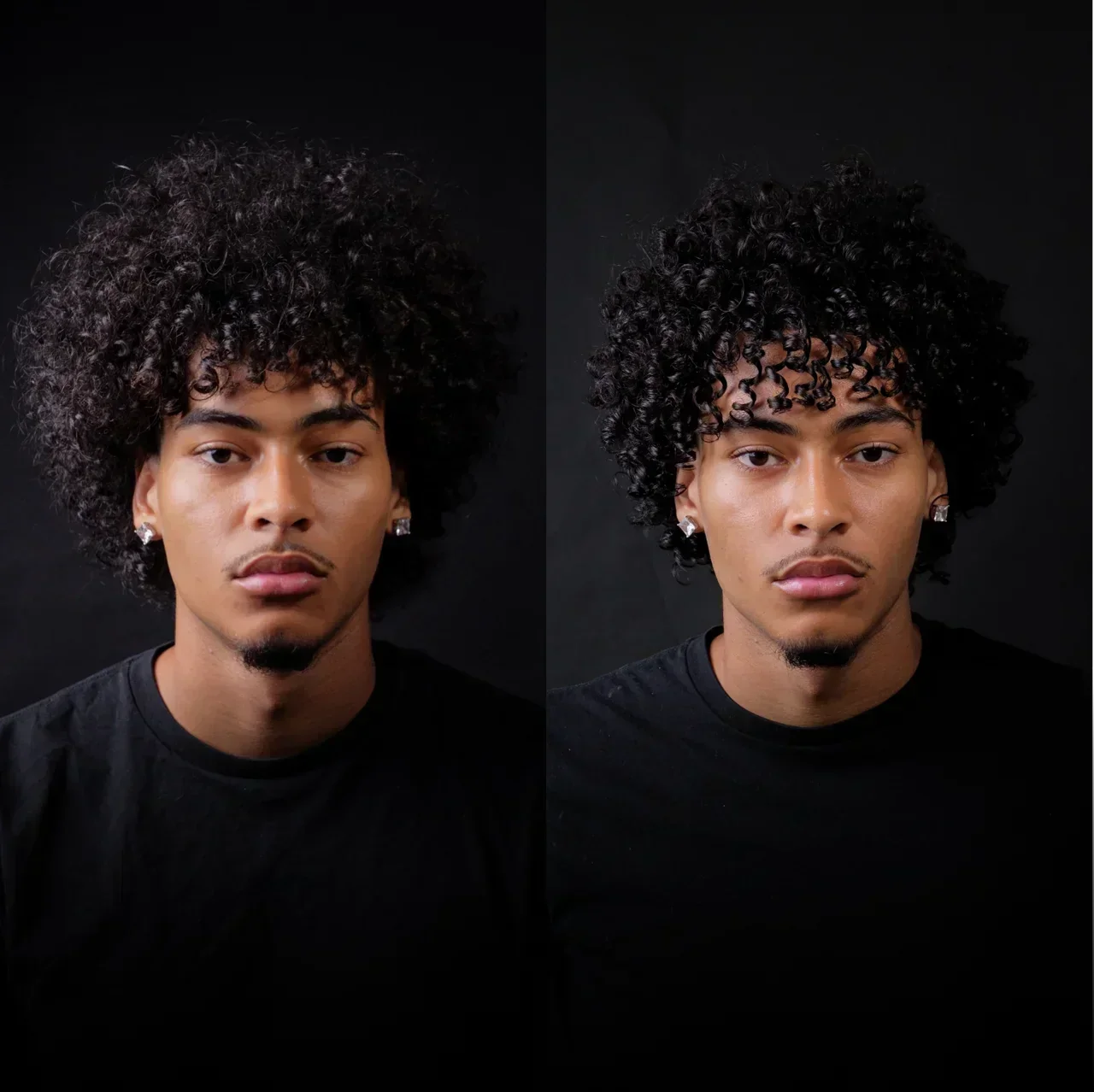 BASED Curl Mousse before-and-after portrait of a man's curls, tousled versus defined.