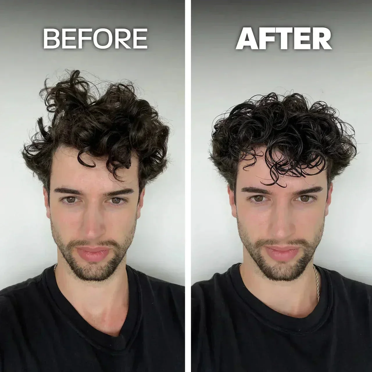 BASED Leave-In Conditioner before and after photos of a man's curly hair, smoother and more defined