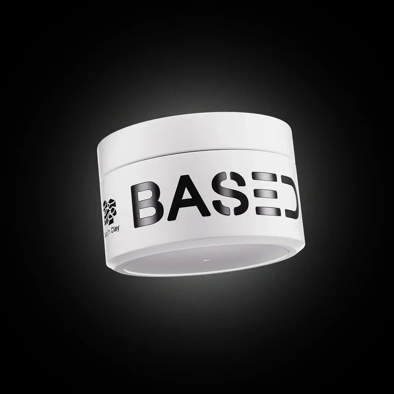 BASED Hair Clay white jar with Kaolin Clay icon on black background