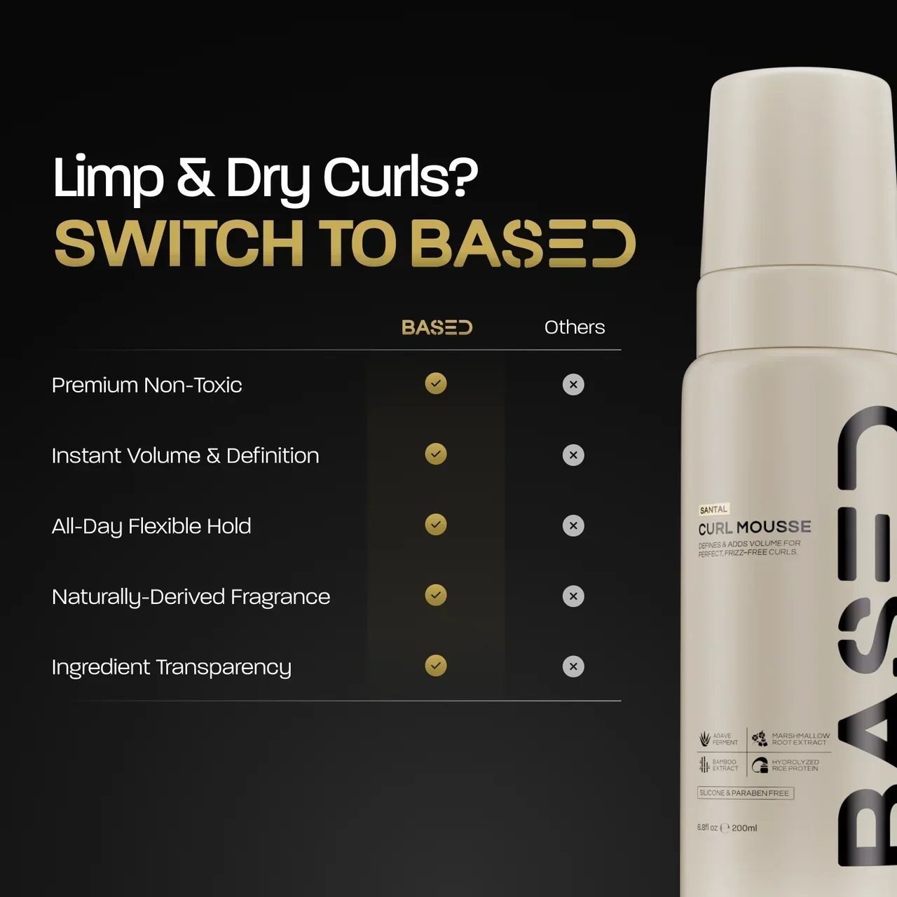 BASED Curl Mousse comparison chart of BASED versus Others feature checkmarks beside the bottle.