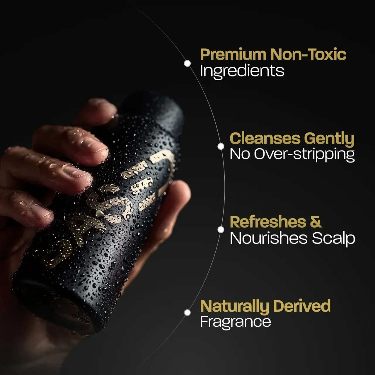 BASED Shampoo bottle held in a wet hand, with a list of scalp and hair care benefits beside it.