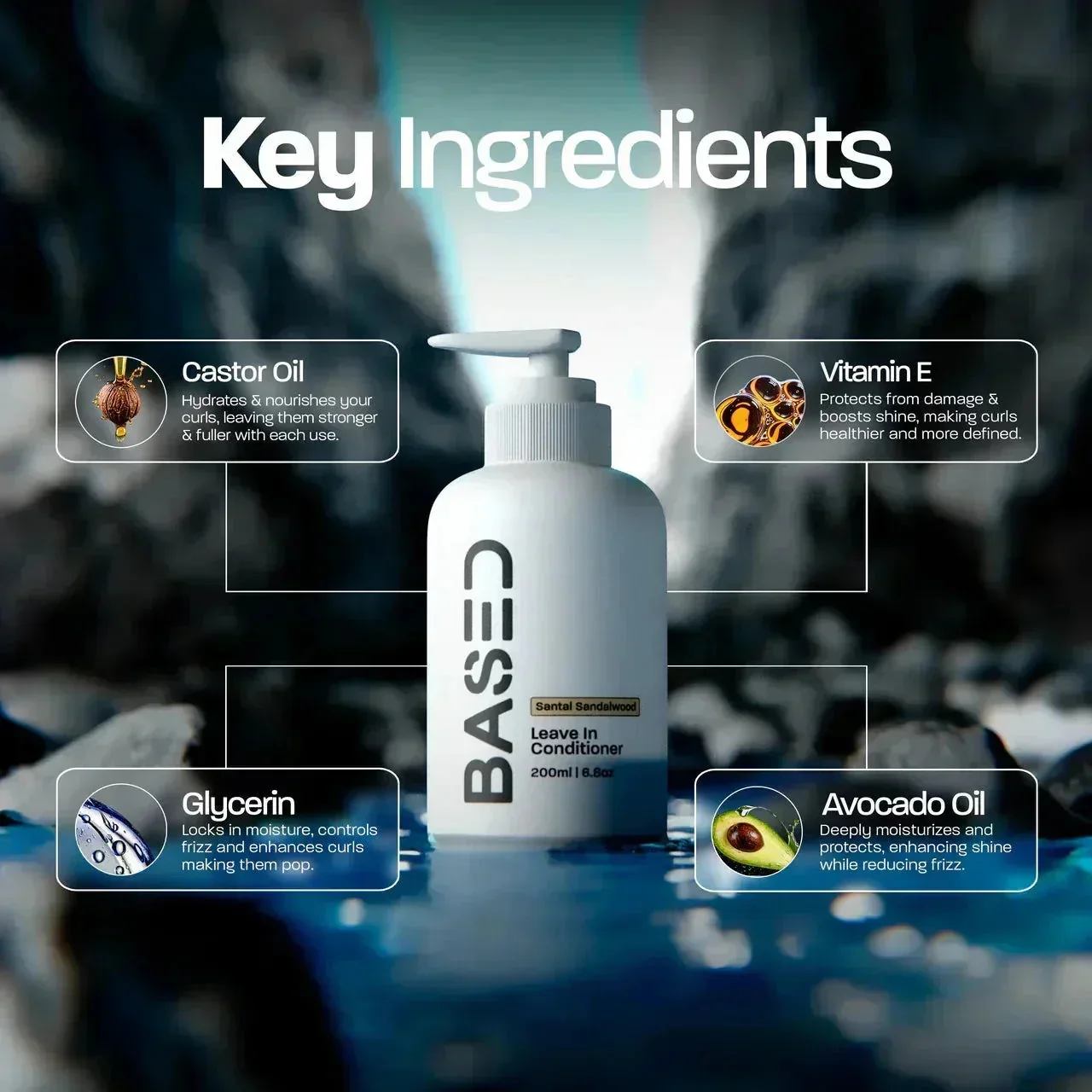 BASED Leave-In Conditioner bottle beside a key ingredients panel: castor oil, vitamin E, glycerin, avocado oil