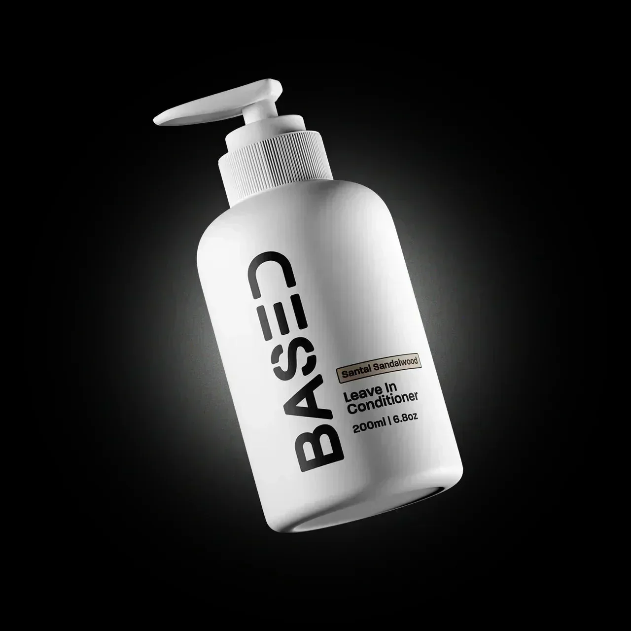 BASED Leave-In Conditioner pump bottle, Santal Sandalwood scent, 200ml, on a black background