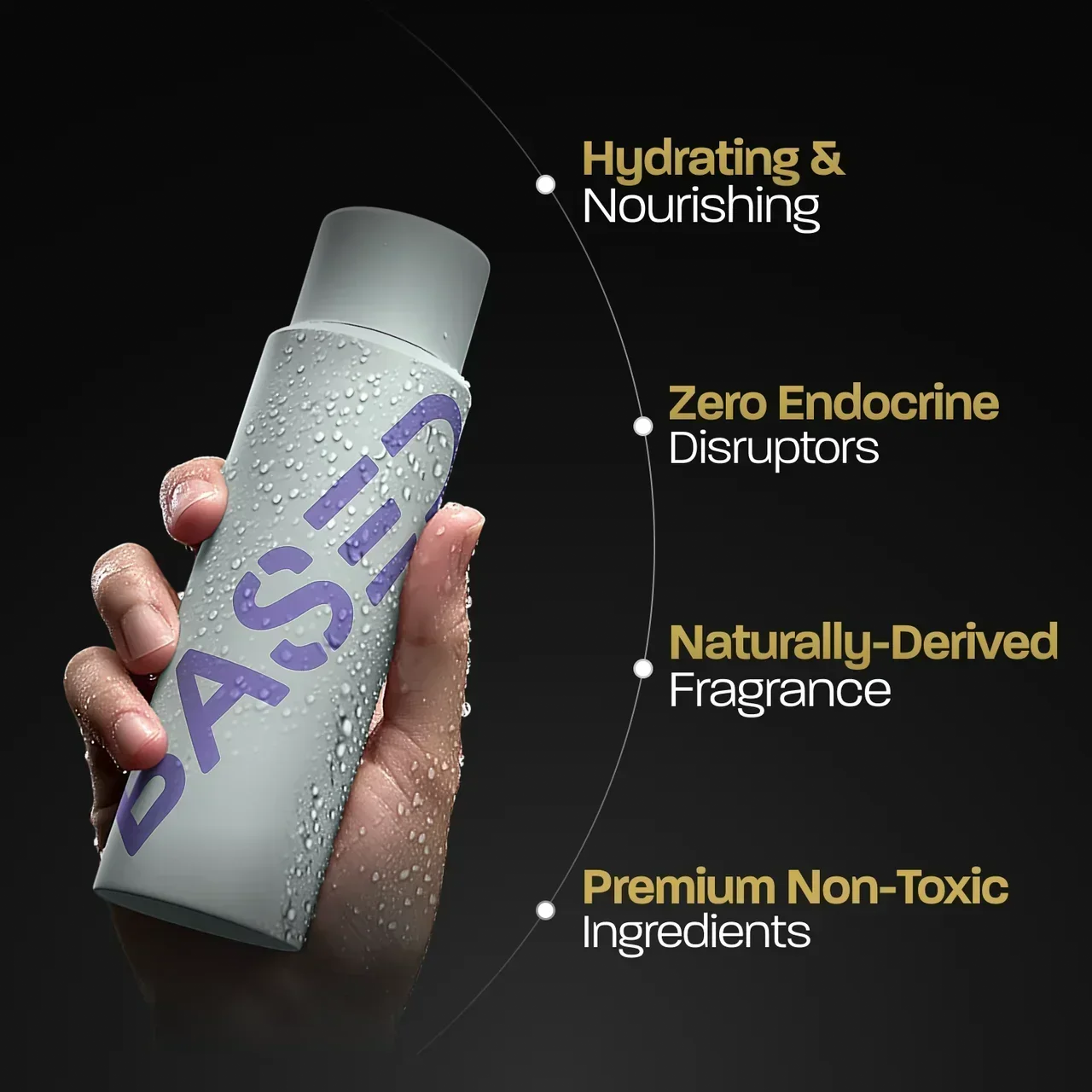 BASED Conditioner bottle held in a wet hand, with a benefits list displayed beside it.