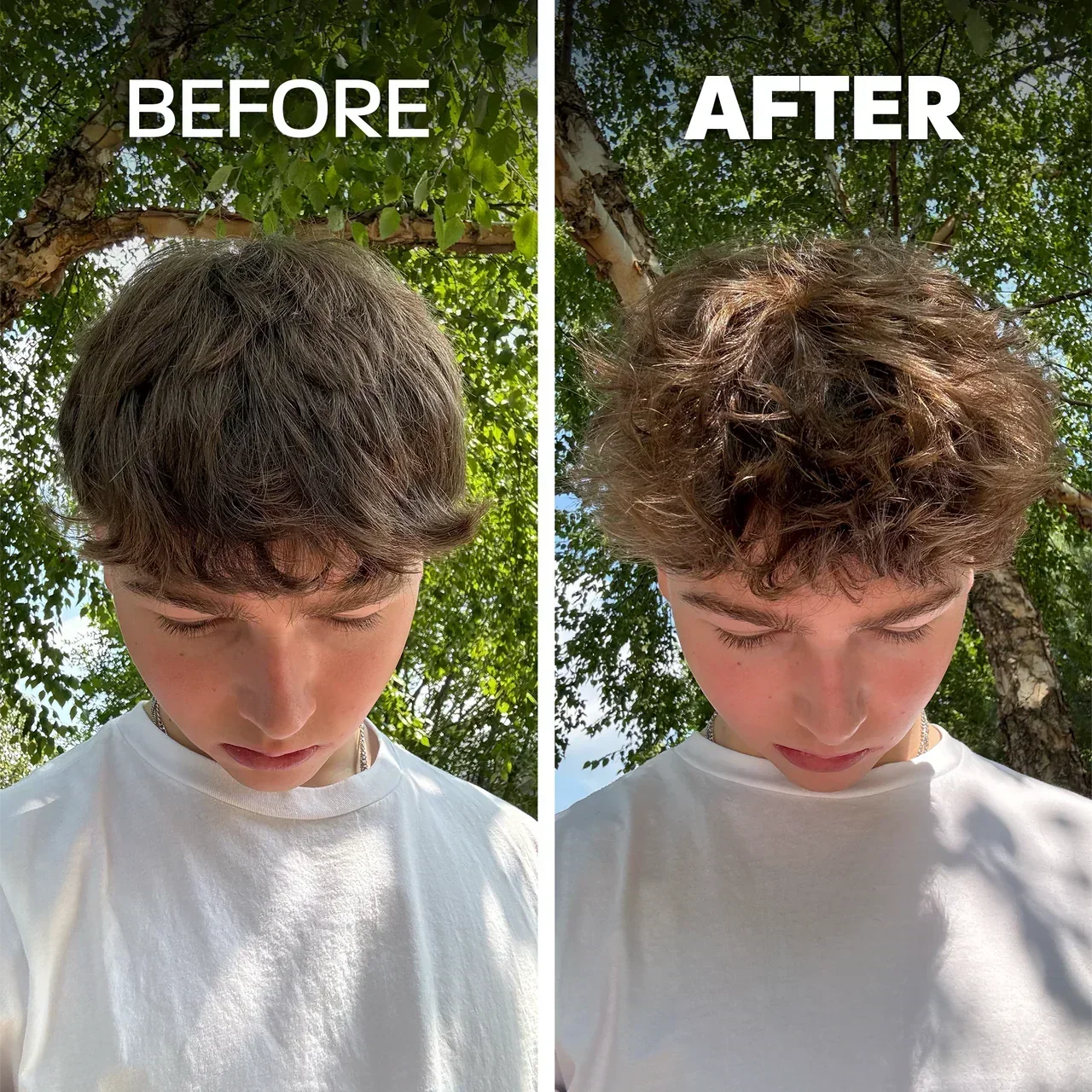 BASED Sea Salt Spray before-and-after: straight hair versus tousled, wavy hair on a young man outdoors
