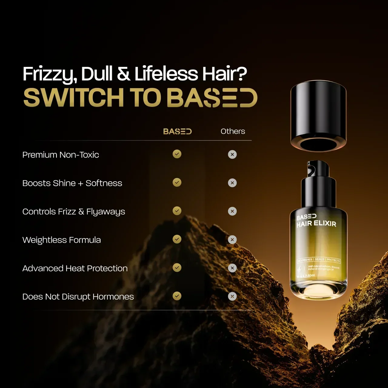 BASED Hair Elixir: comparison chart against other brands, with the bottle shown beside rocky terrain.