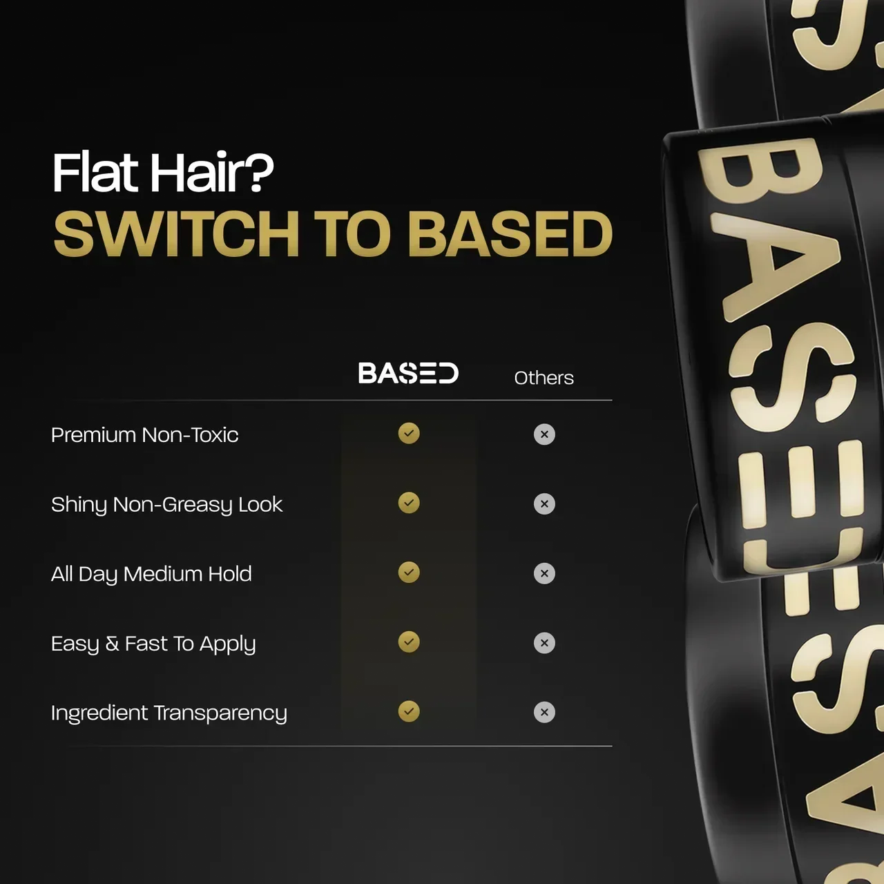 BASED Pomade comparison chart against another brand across five benefit criteria