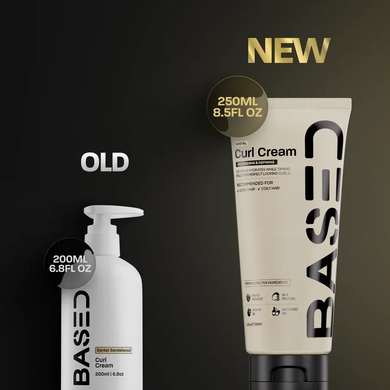 BASED Curl Cream: old pump bottle beside the new larger squeeze tube with ingredient icons on the label.