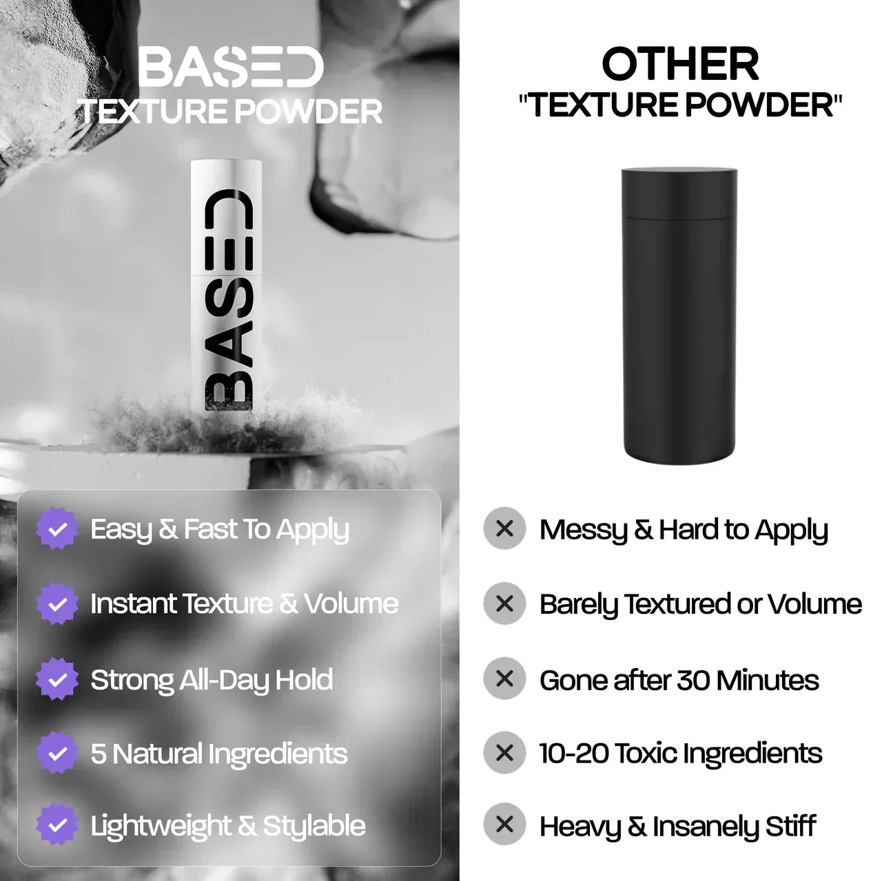 BASED Texture Powder benefits list beside a plain black competitor bottle's drawback list