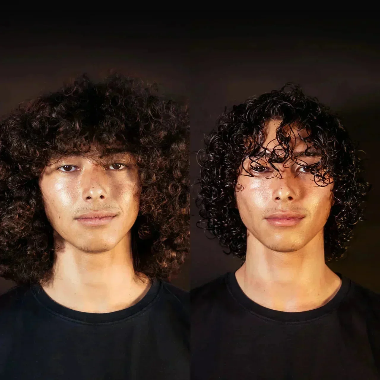 BASED Curl Cream: before-and-after split portrait of a man, frizzy curls on the left, defined curls on the right.
