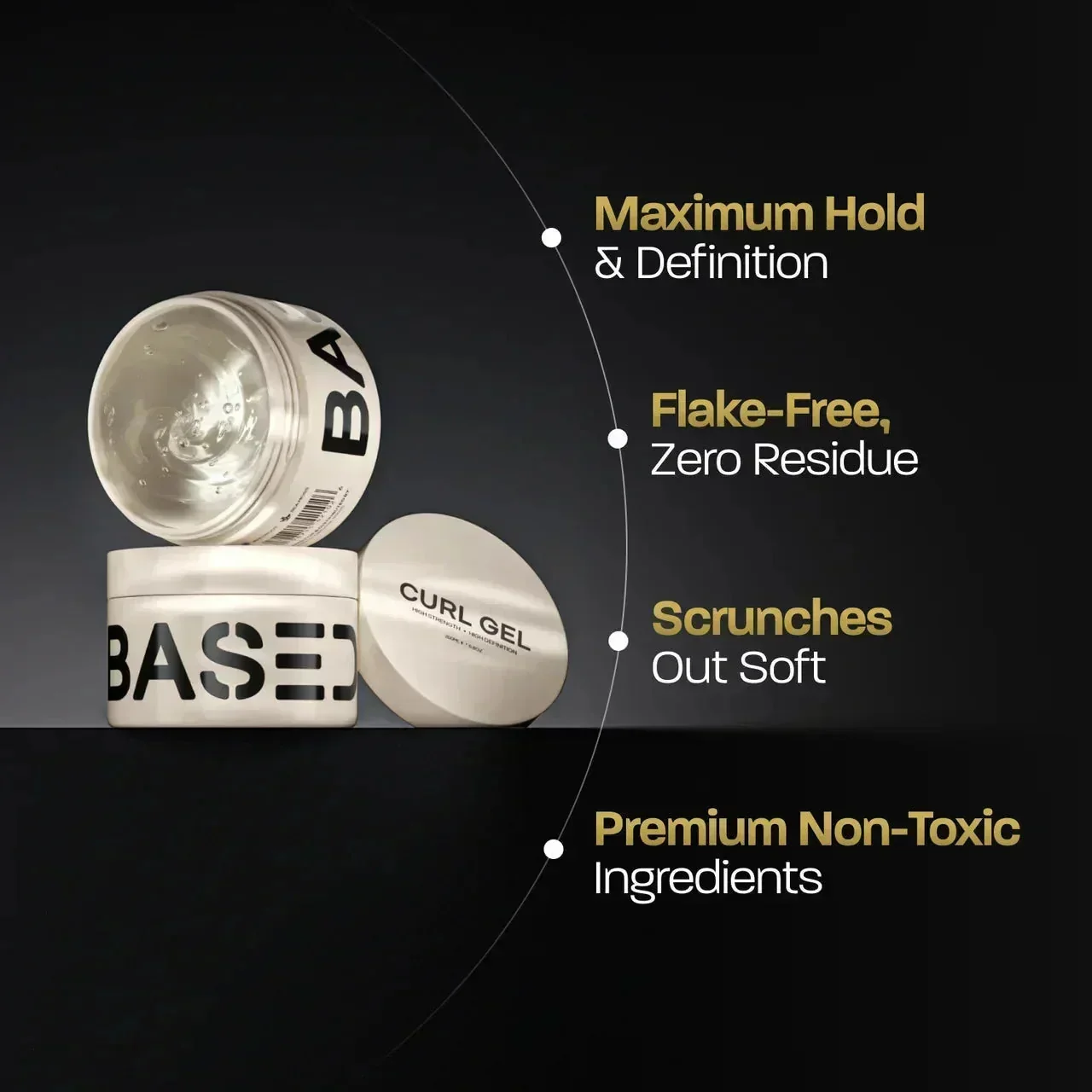 BASED Curl Gel, three jars with one open showing gel texture beside a bulleted benefits list