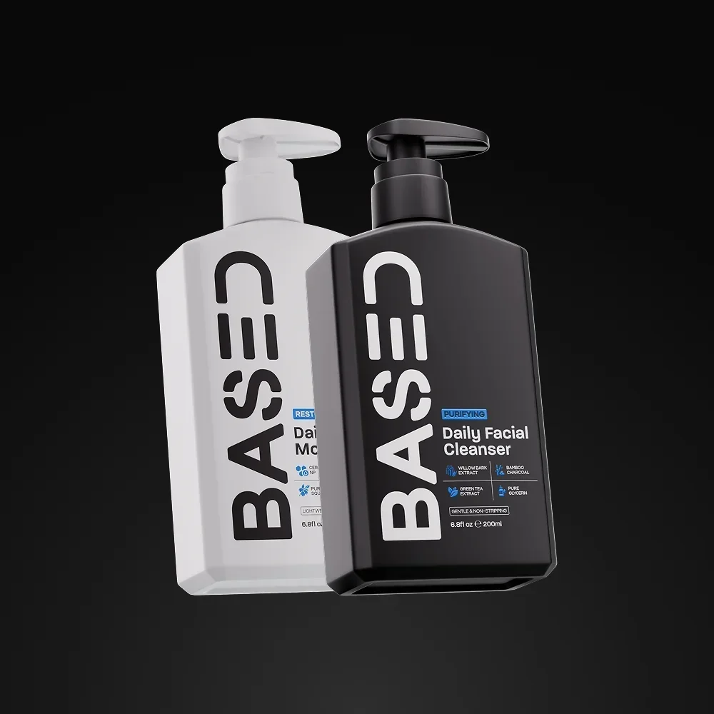 BASED Daily Skincare Duo: white moisturiser and black facial cleanser pump bottles side by side