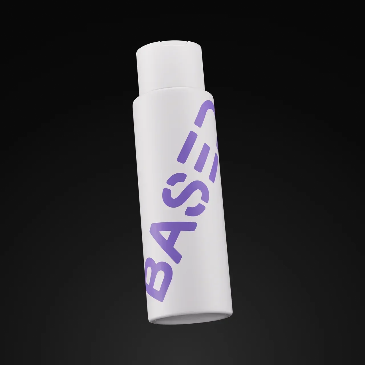 BASED Conditioner bottle in white with purple logo, angled against a black background.