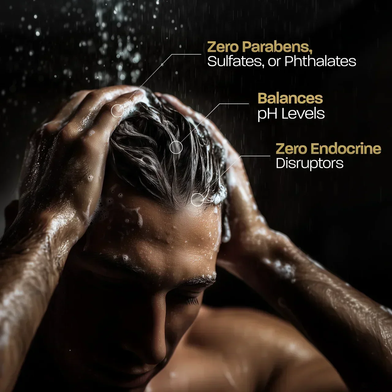 BASED Shampoo: man rinsing lathered hair in the shower, with callout labels pointing to the scalp.