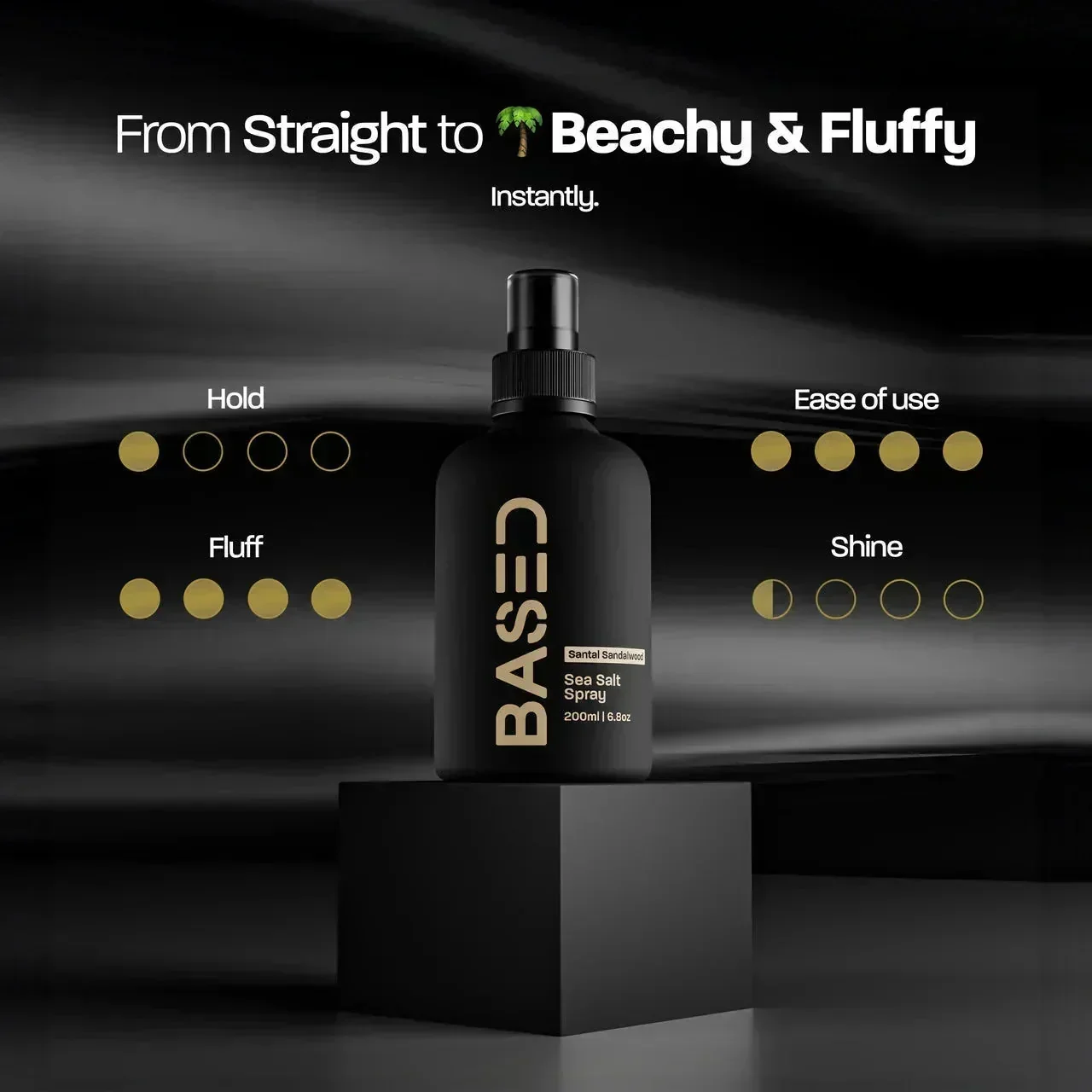 BASED Sea Salt Spray, black bottle on a cube with dot indicators for Hold, Fluff, Ease of use and Shine