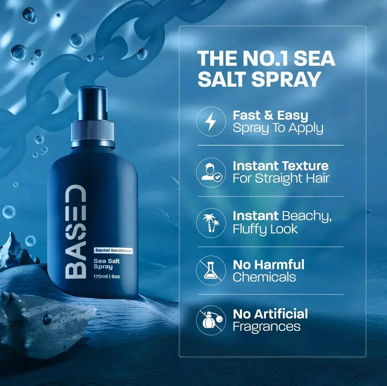BASED Sea Salt Spray bottle in an underwater scene beside an icon list of usage benefits