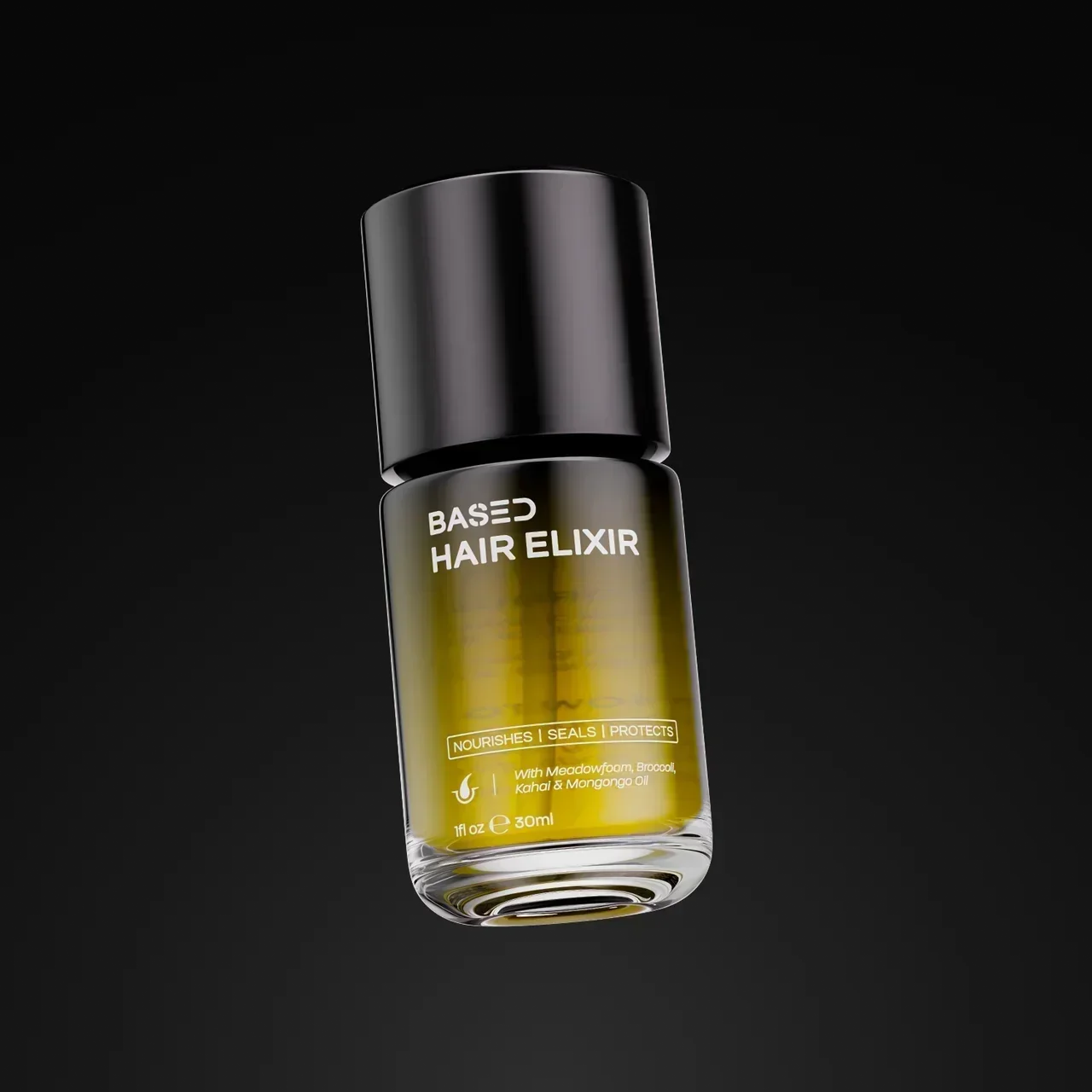 BASED Hair Elixir bottle on a dark background, labelled Nourishes, Seals, Protects.