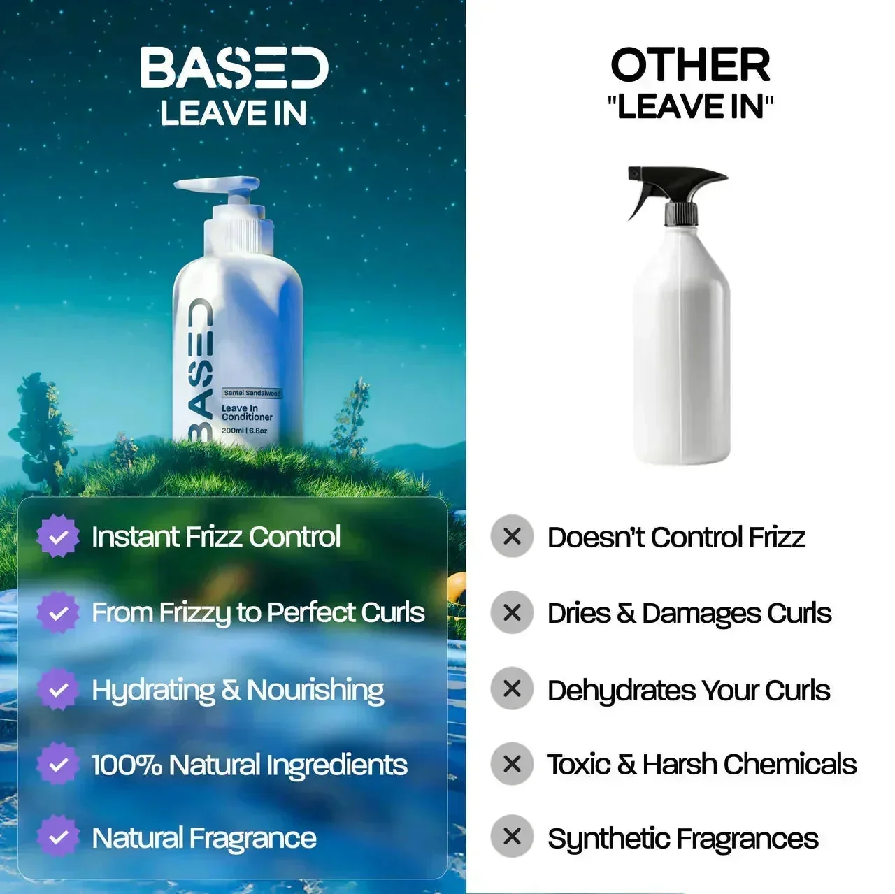 BASED Leave-In Conditioner bottle compared against another leave-in spray bottle in a checklist chart