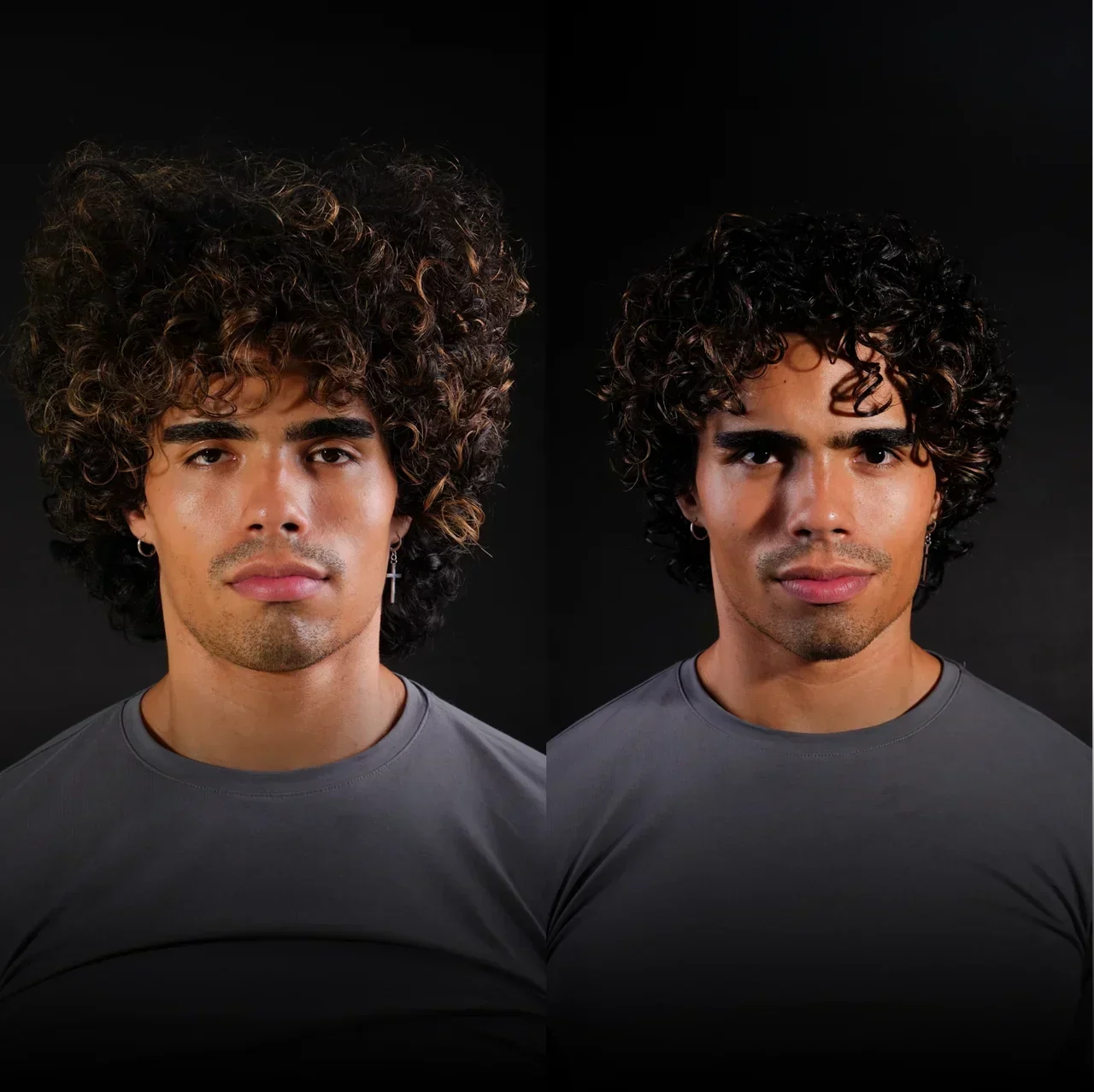 BASED Curl Gel and Curl Mousse: before-and-after split photo, frizzy hair versus defined curls