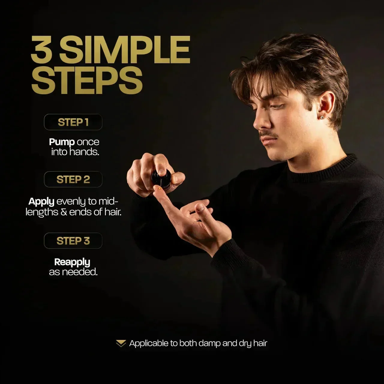 BASED Hair Elixir: three application steps shown – pump into hands, apply to mid-lengths and ends, reapply as needed.