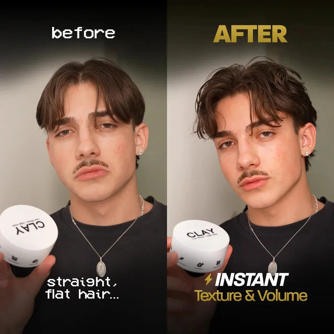 BASED Hair Clay before-and-after photos of a man's hair, flat versus textured with volume