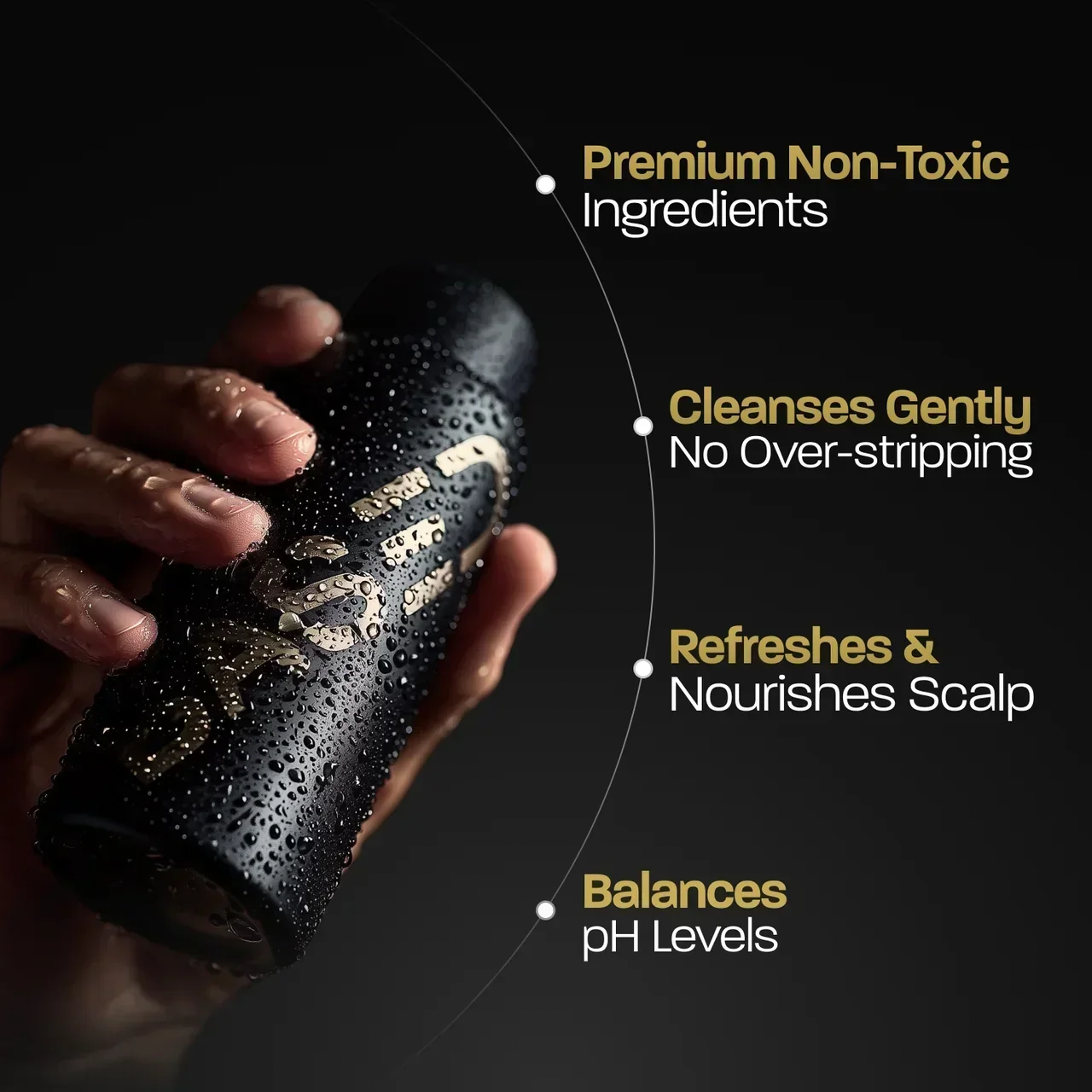 BASED Shower Duo – hand holding the wet black bottle next to a list of product benefits.
