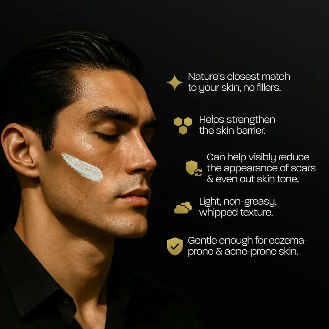 BASED Whipped Tallow Moisturizer applied on a man's cheek, eyes closed, benefits listed beside him.