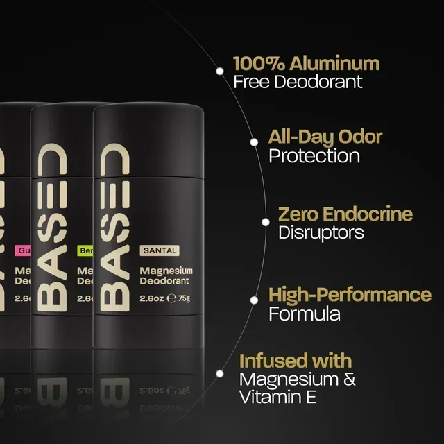 BASED Deodorant sticks lined up beside a list of magnesium and vitamin E formula benefits