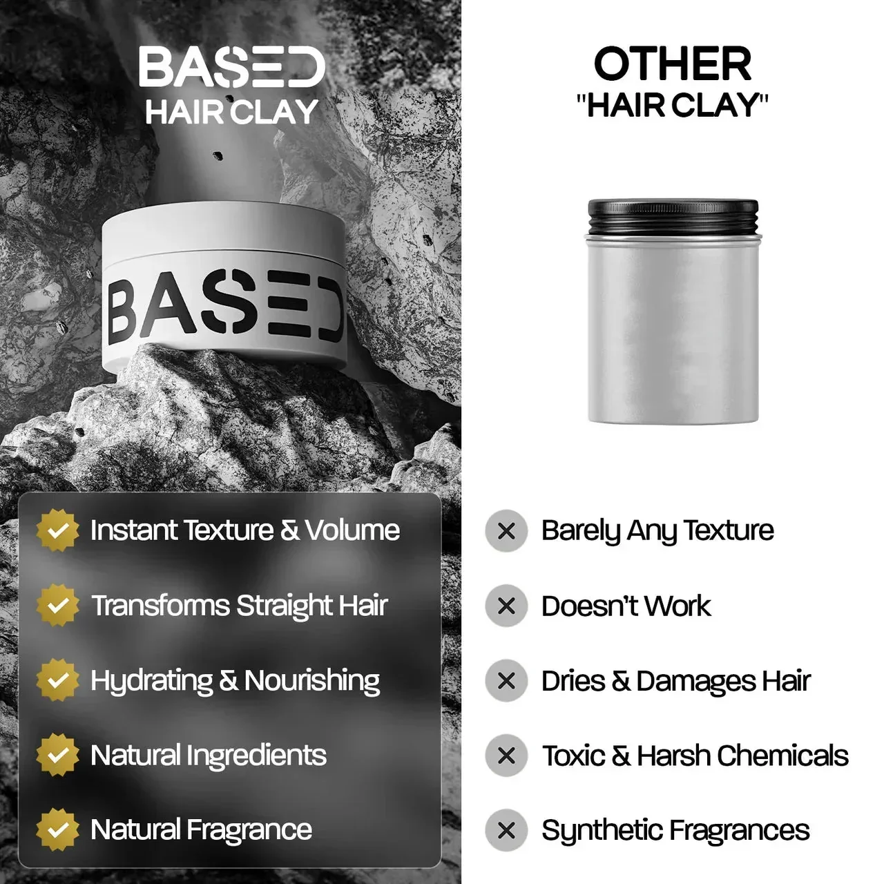 BASED Hair Clay comparison chart against an unbranded other hair clay jar