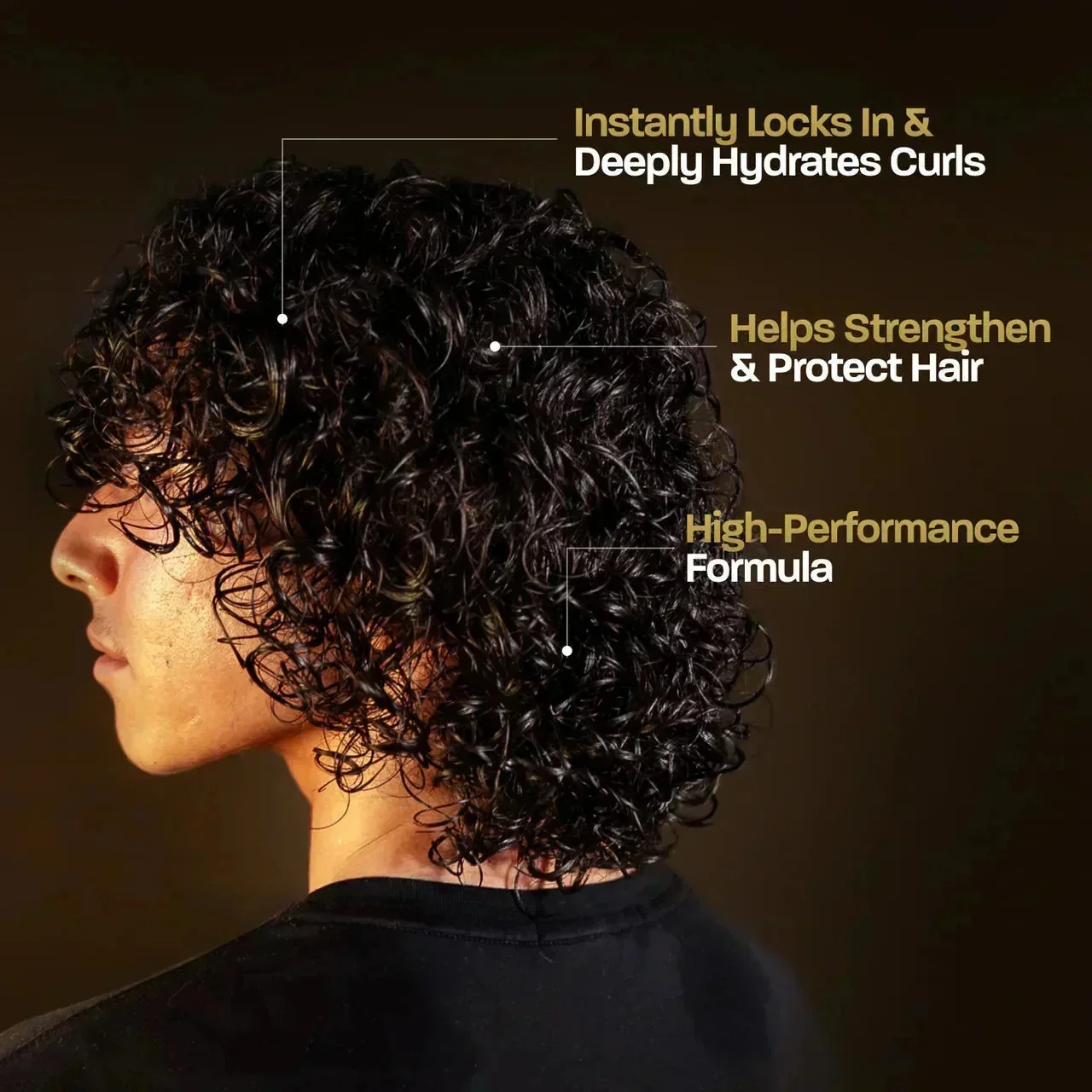 BASED Curl Cream: side profile of a man's wet curly hair with callouts on hydration and hair strength.