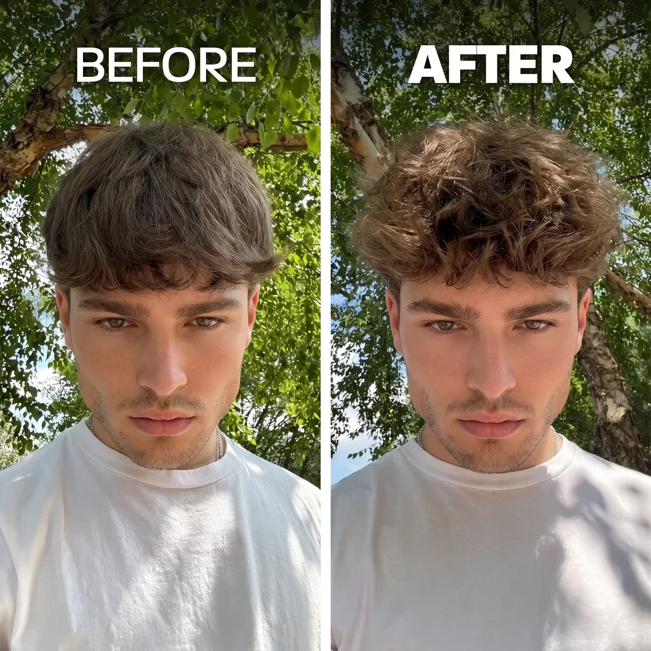 BASED Sea Salt Spray before-and-after: straight hair versus voluminous, curly hair on a young man outdoors