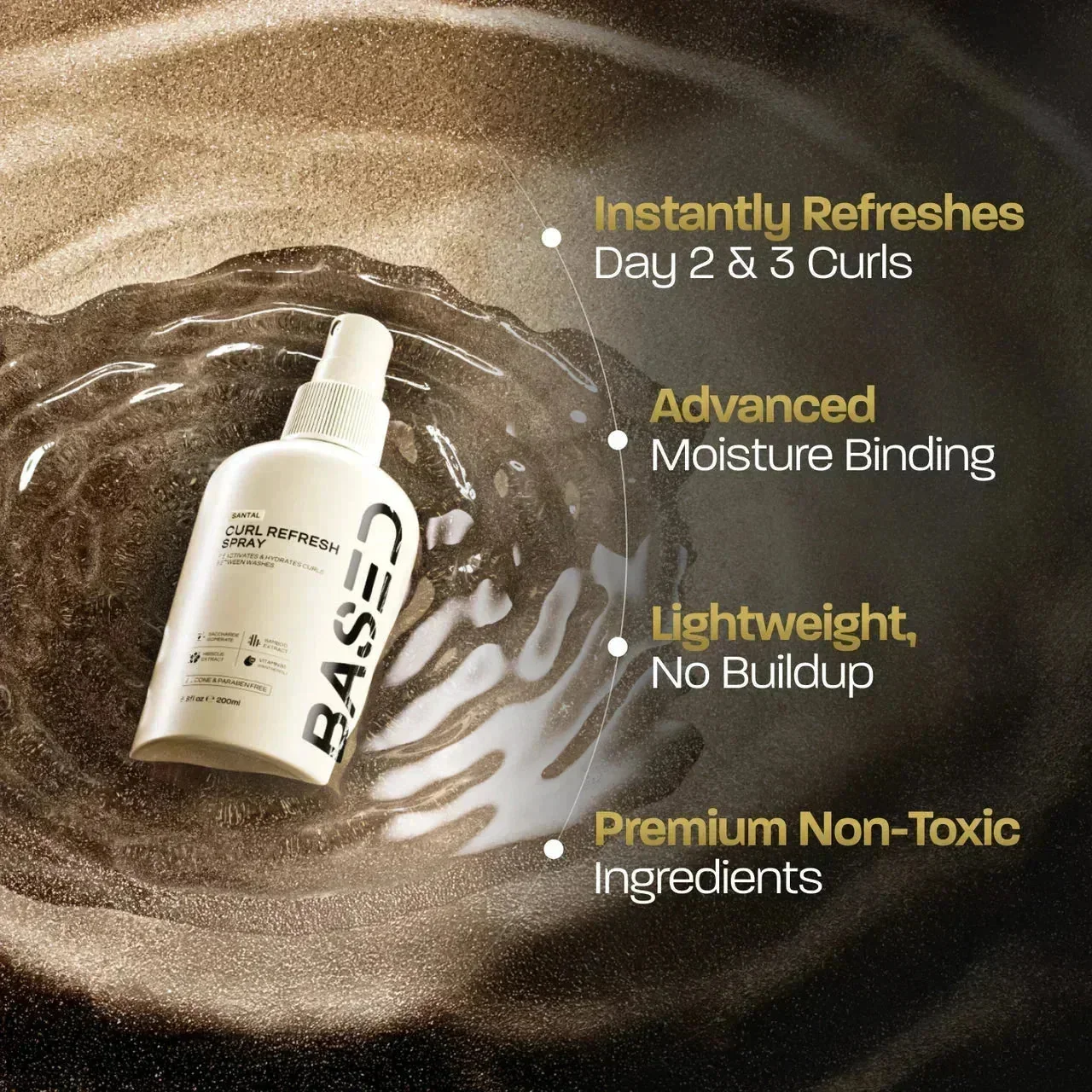 BASED Curl Refresh Spray bottle in a water swirl beside a list of four product benefits