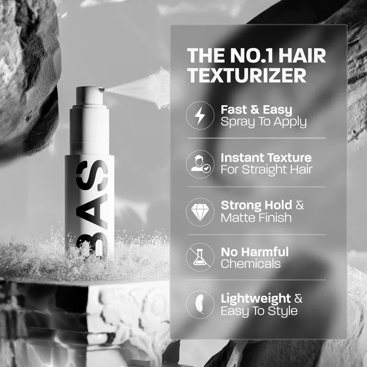 BASED Texture Powder bottle spraying mist on rocks beside an icon benefits panel