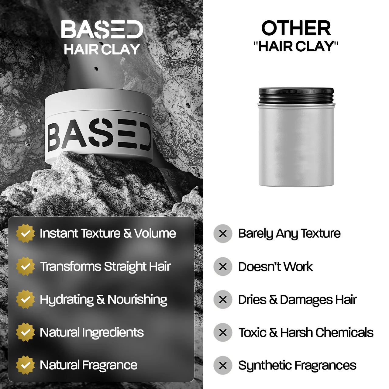 BASED Hair Clay vs other hair clays comparison - natural ingredients, hydrating, no toxic chemicals